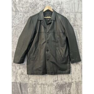 Junction West Leather Jacket Mens Size L Black Long Coat Outdoor Button Classic